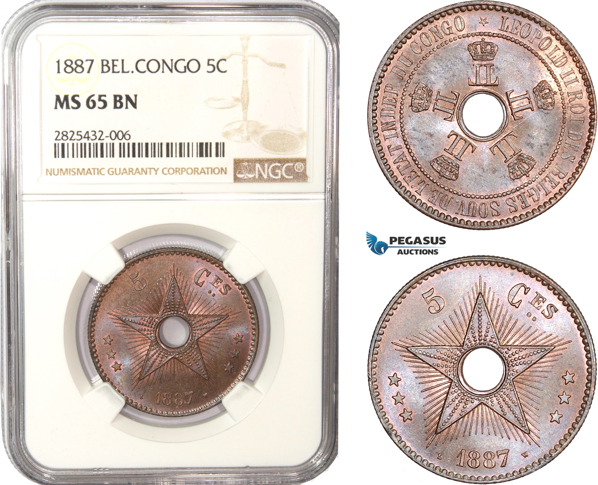 AC454-R, Belgian Congo, Leopold II, 5 Centimes 1887, NGC MS65BN, Pop 4/1