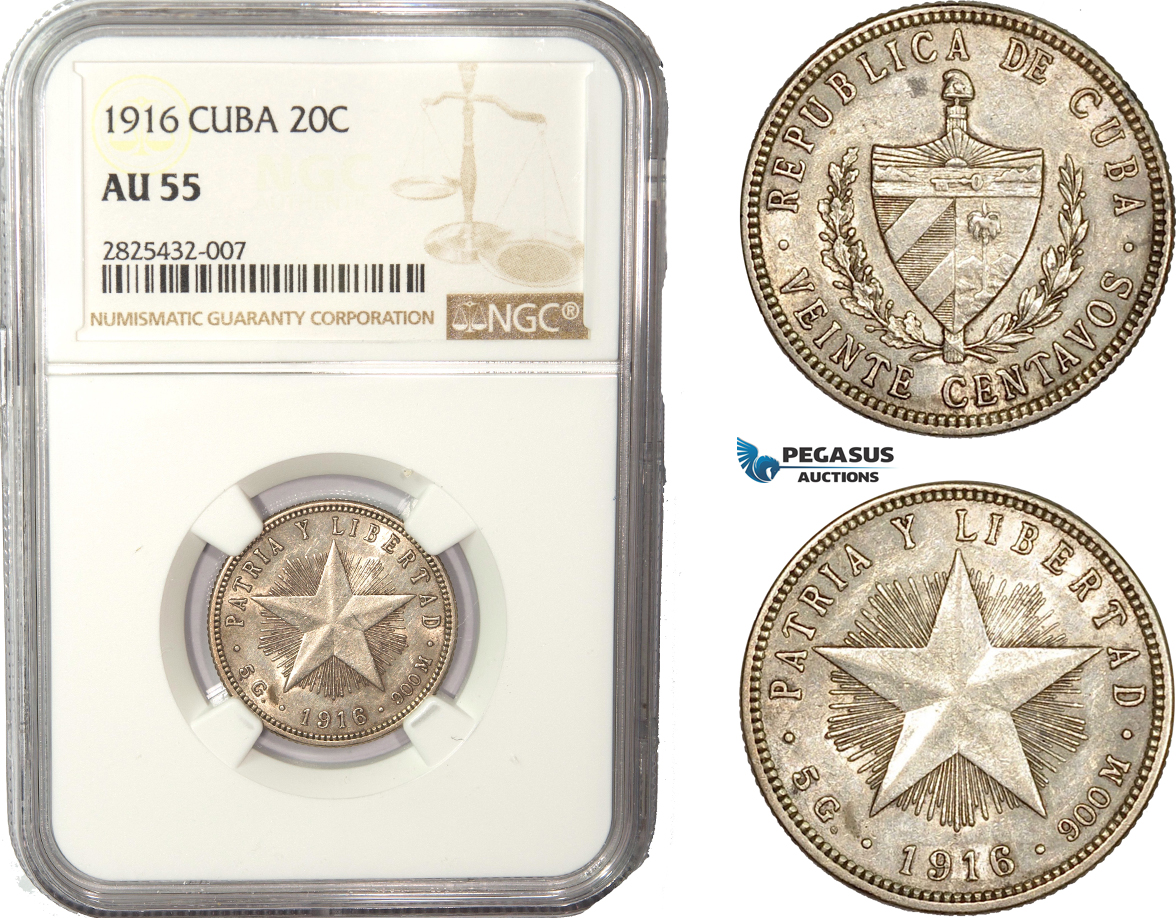 AC455-R, Cuba, 20 Centavos 1916, Philadelphia, Silver, NGC AU55