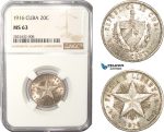 AC456-R, Cuba, 20 Centavos 1916, Philadelphia, Silver, NGC MS63