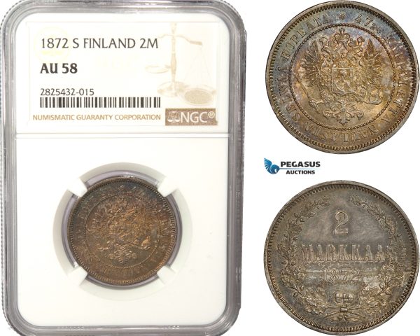AC461-R, Finland, Alexander II. of Russia, 2 Markkaa 1872 S, Silver, NGC AU58