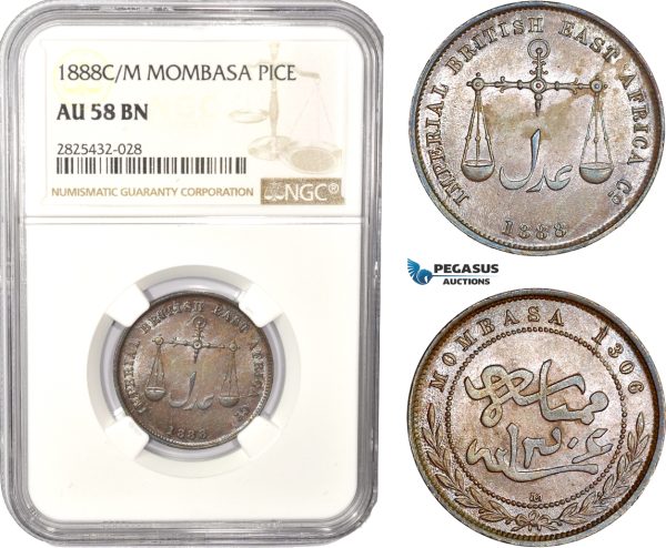 AC471-R, Mombasa, Pice 1888 C/M NGC AU58BN
