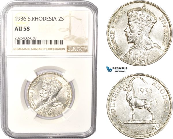 AC478-R, Southern Rhodesia, George V, 2 Shillings 1936, Silver, NGC AU58