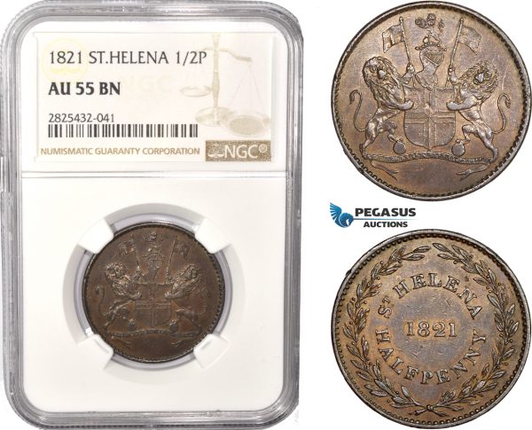 AC480-R, Saint Helena (British East India Company) Half Penny 1821, NGC AU55BN