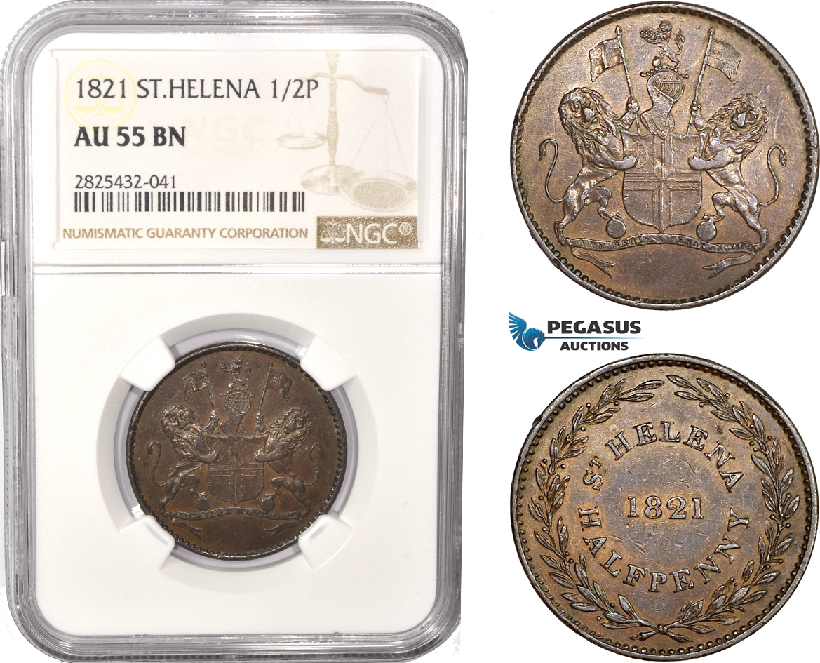 AC480-R, Saint Helena (British East India Company) Half Penny 1821, NGC AU55BN