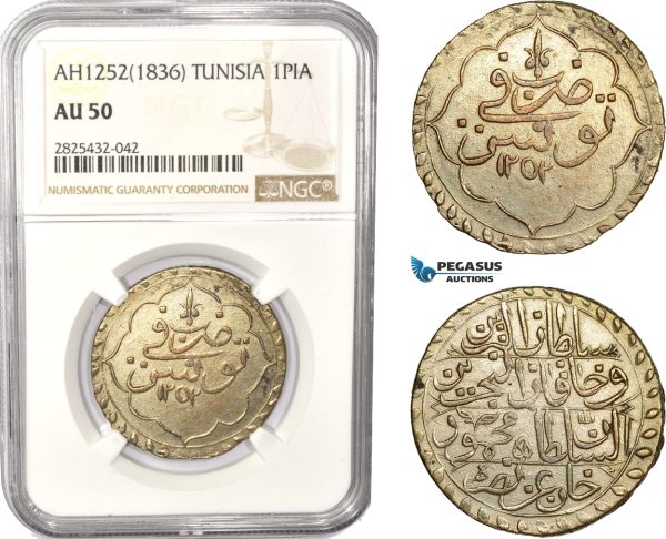 AC482-R, Tunisia, Husayn II, 1 Piastre AH1252 (1836) Silver, NGC AU50