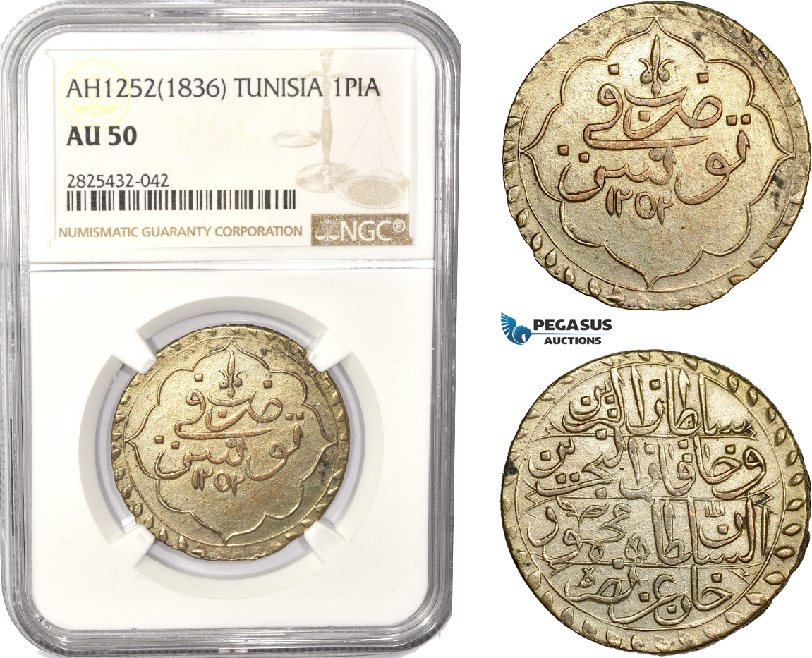 AC482-R, Tunisia, Husayn II, 1 Piastre AH1252 (1836) Silver, NGC AU50