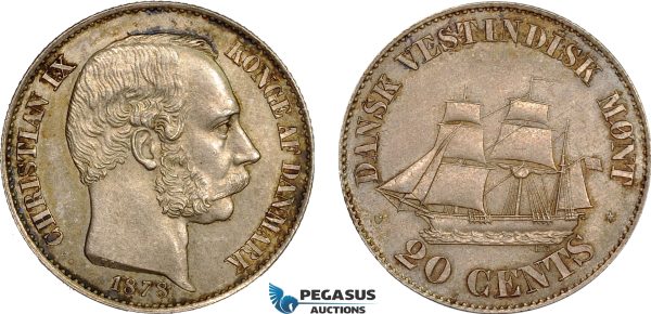 AC486-R, Danish West Indies, Christian IX, 20 Cents 1878, Copenhagen, Silver, Toned UNC (Old cleaning)