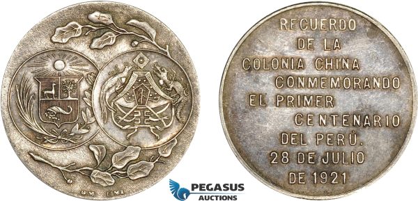 AC514, China & Peru, Silver Medal 1921 (Ø29.7mm, 12.4g) Colonists’ Centennial of Peruvian Independence L&M-997, Rare!