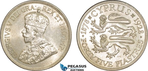 AC556, Cyprus, George V, 45 Piastres 1928, London, Silver, Lightly cleaned UNC
