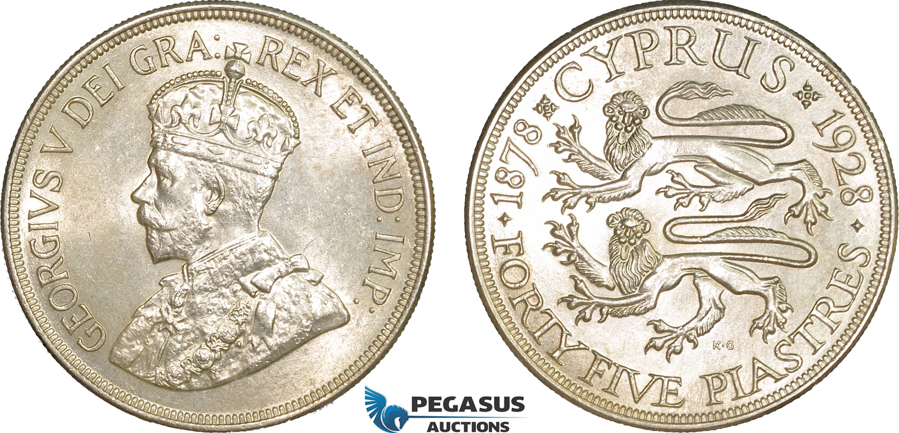 AC556, Cyprus, George V, 45 Piastres 1928, London, Silver, Lightly cleaned UNC