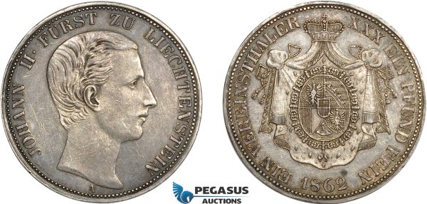 AC567, Liechtenstein, Johann II, 1 Vereinstaler 1862-A, Vienna, Silver, XF-AU (Lightly cleaned) Rare!