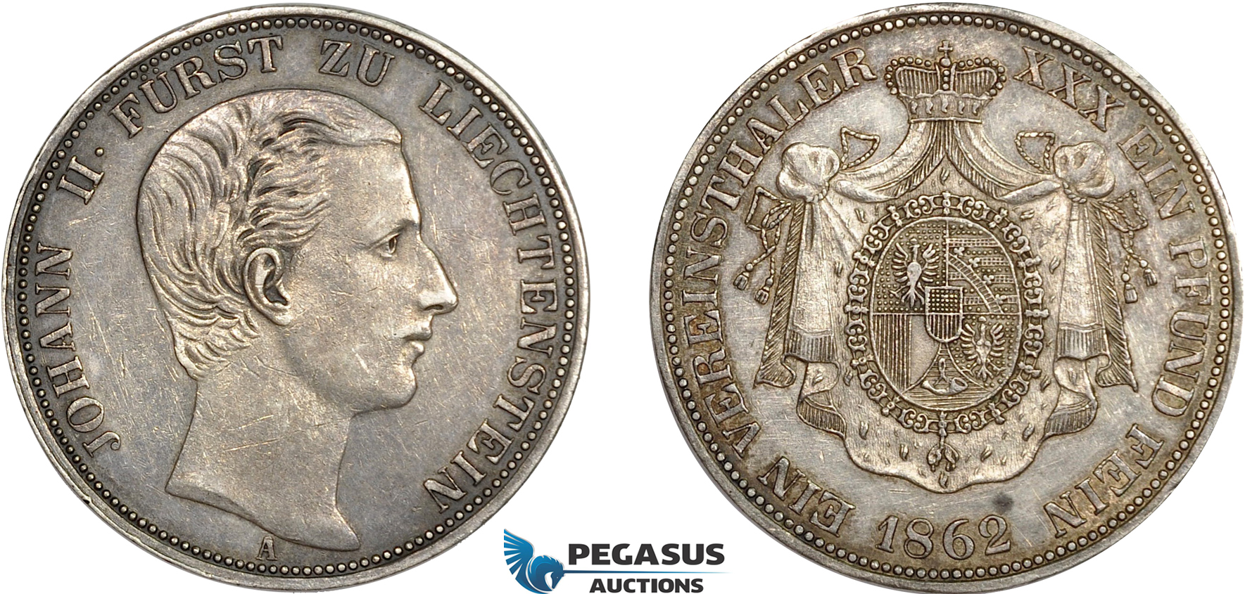 AC567, Liechtenstein, Johann II, 1 Vereinstaler 1862-A, Vienna, Silver, XF-AU (Lightly cleaned) Rare!