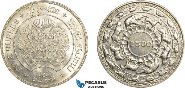 AC616, Ceylon, 5 Rupees 1957 (2500 Years Buddhism) Silver, Lustrous UNC