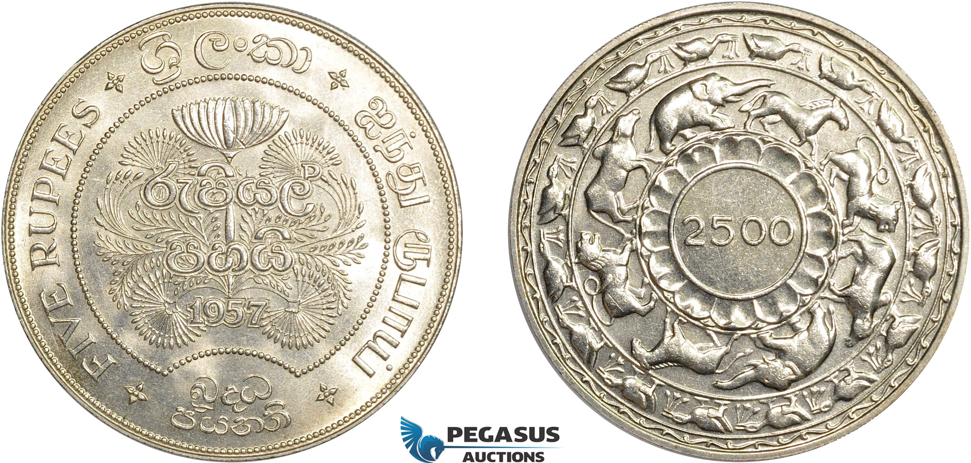 AC616, Ceylon, 5 Rupees 1957 (2500 Years Buddhism) Silver, Lustrous UNC