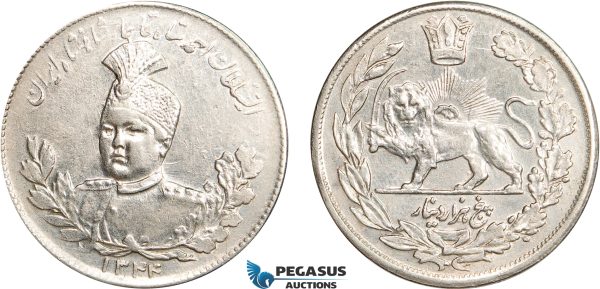 AC624, Iran, Ahmad Shah, 5000 Dinars (5 Kran) AH1344 (1925) Silver, Cleaned AU