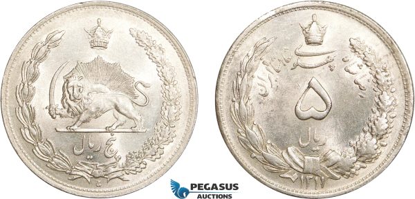 AC626, Iran, Reza Shah, 5 Rials SH1311(1932) Silver, Lightly cleaned UNC
