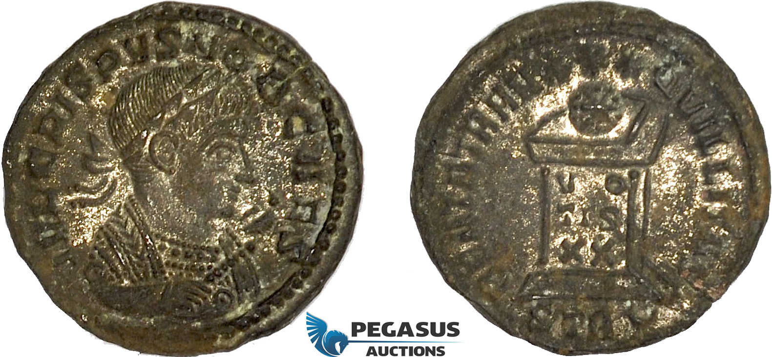 AC639, Roman Empire, Crispus (317-326 AD) Æ Follis (2.47g) Treveri, Altar, Silvering