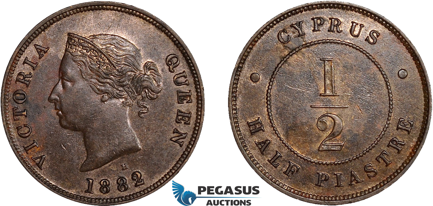 AC641, Cyprus, Victoria, 1/2 Piastre 1882-H, Heaton, Lustrous UNC, Spots/Small scratch