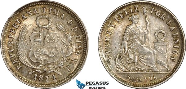 AC648, Peru, 1/5 Sol 1874 YJ, Lima, Silver, Graffiti otherwise toned UNC