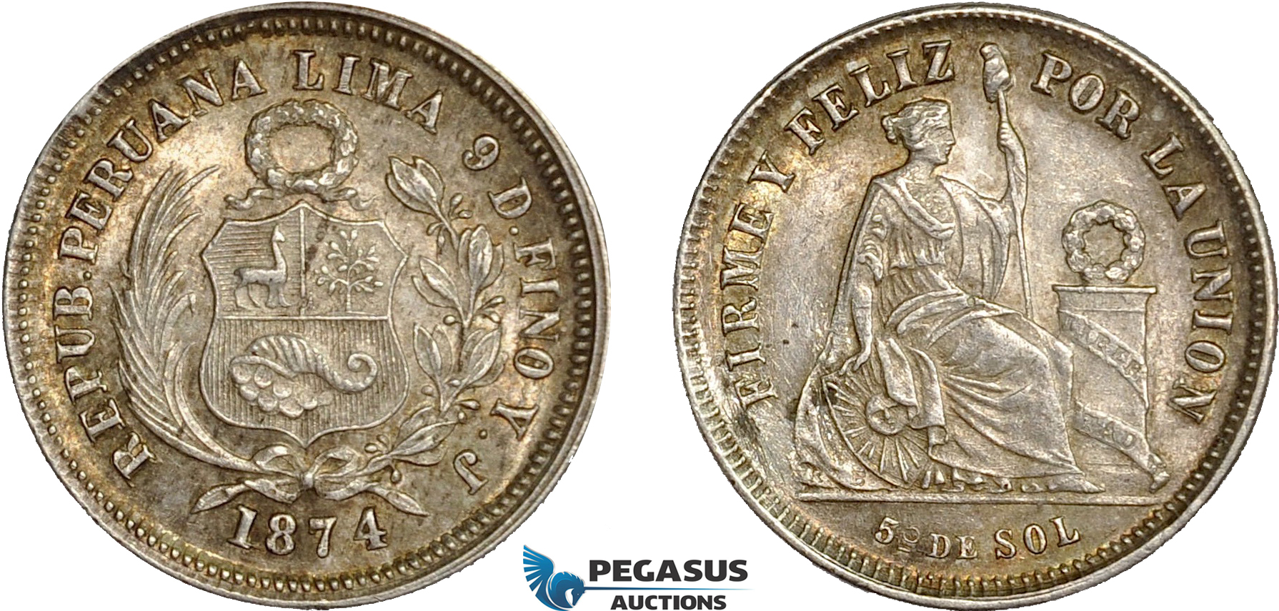 AC648, Peru, 1/5 Sol 1874 YJ, Lima, Silver, Graffiti otherwise toned UNC