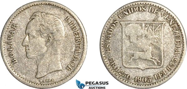 AC653, Venezuela, 1/4 Bolivar 1903, Philadelphia, Silver, F-VF