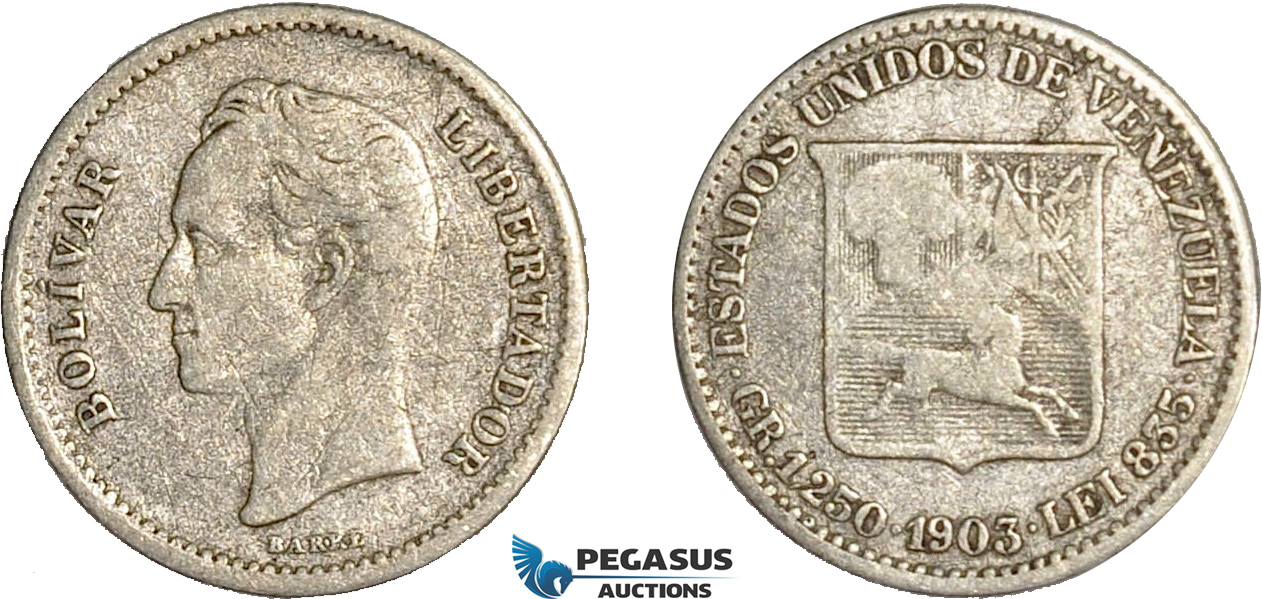AC653, Venezuela, 1/4 Bolivar 1903, Philadelphia, Silver, F-VF