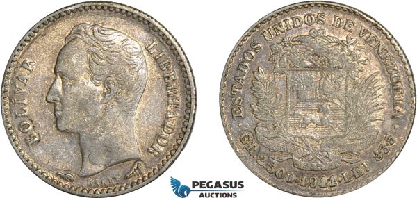 AC654, Venezuela, 1/2 Bolivar 1911, Paris, Silver, Toned VF