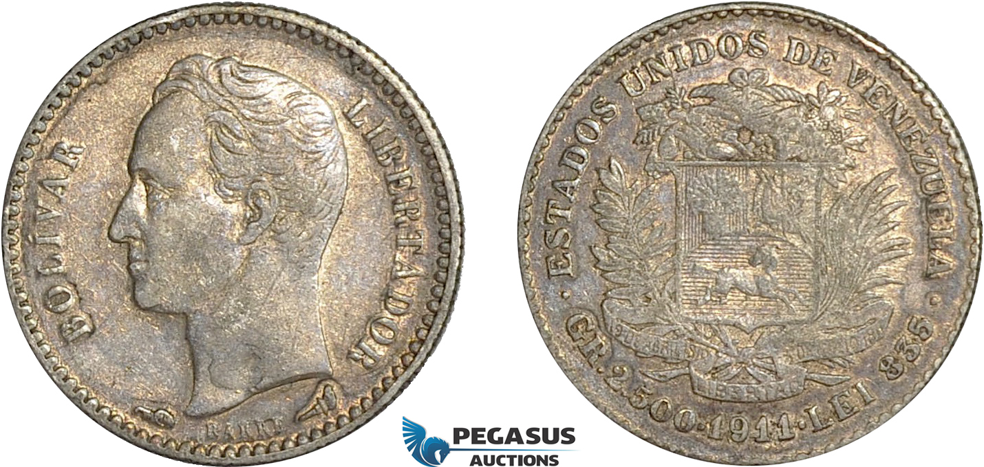 AC654, Venezuela, 1/2 Bolivar 1911, Paris, Silver, Toned VF
