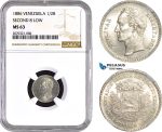 AC657, Venezuela, 1/2 Bolivar 1886 "Second 8 low" Caracas, Silver, NGC MS63, Pop 1/0, Very Rare!