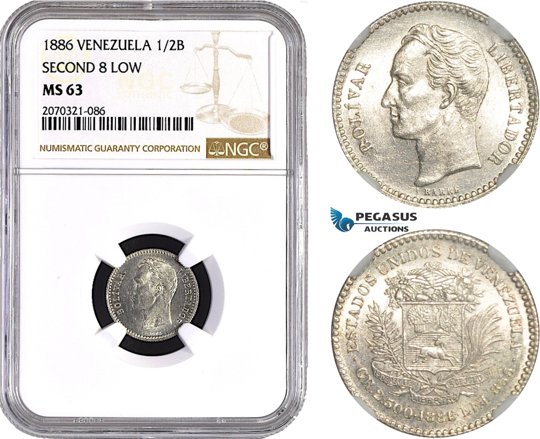 AC657, Venezuela, 1/2 Bolivar 1886 "Second 8 low" Caracas, Silver, NGC MS63, Pop 1/0, Very Rare!