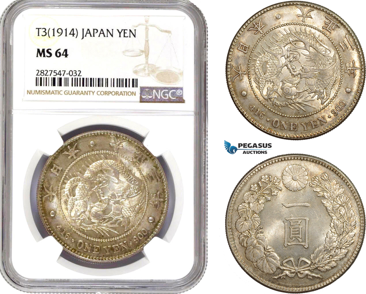 AC715, Japan, Taisho, Yen Yr. 3 (1914) Silver, NGC MS64