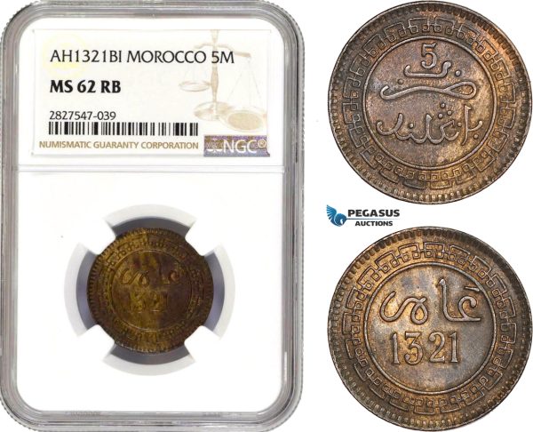 AC727, Morocco, Abd al-Aziz, 5 Mazunas AH1321, Birgmigham, NGC MS62RB, Pop 1/1