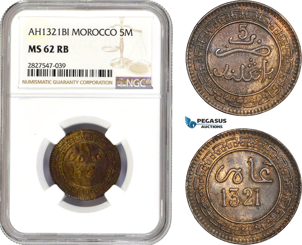 AC727, Morocco, Abd al-Aziz, 5 Mazunas AH1321, Birgmigham, NGC MS62RB, Pop 1/1