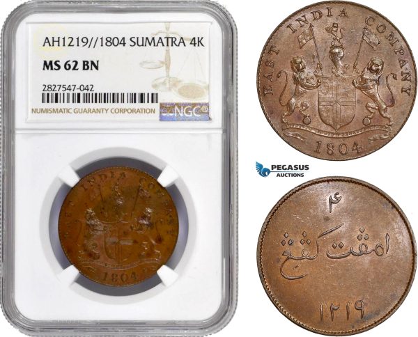 AC730, Netherlands East Indies, Sumatra, 4 Kepings AH1219 / 1804, Soho, NGC MS62