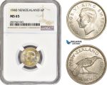 AC731, New Zealand, George VI, Sixpence 1940, Silver, NGC MS65, Pop 3/1