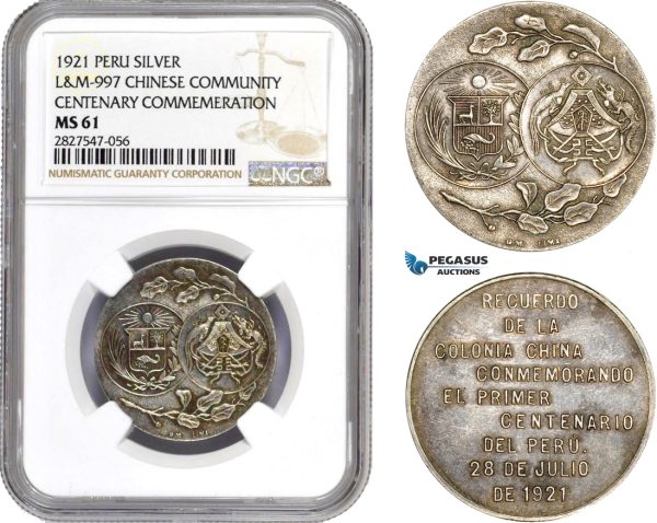 AC739, Peru & China, Silver Medal 1921, Chinese Centenary Commemeration, L&M-997, NGC MS61
