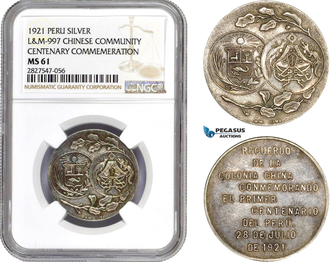 AC739, Peru & China, Silver Medal 1921, Chinese Centenary Commemeration, L&M-997, NGC MS61