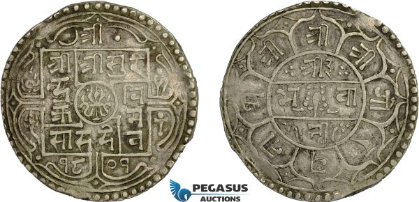 AC763, Nepal, Surendra Vikrama. 2 Mohars SE1801 (1879) Silver, XF