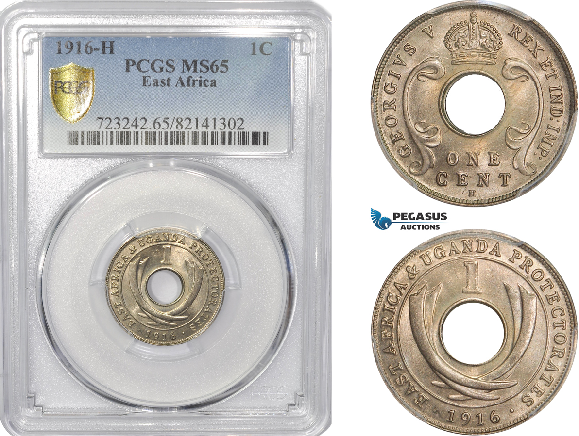 AC791, British East Africa, George V, 1 Cent 1916-H, Heaton, PCGS MS65