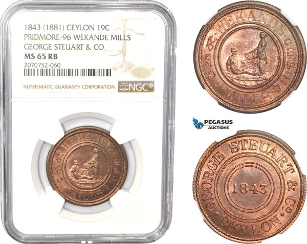 AC795, Ceylon, Token 1843 (1881) Wekande Mills George Steuart & Co. Prid. 96, NGC MS65RB