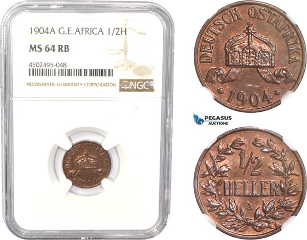 AC811, German East Africa (DOA) 1/2 Heller 1904-A, Berlin, NGC MS64RB