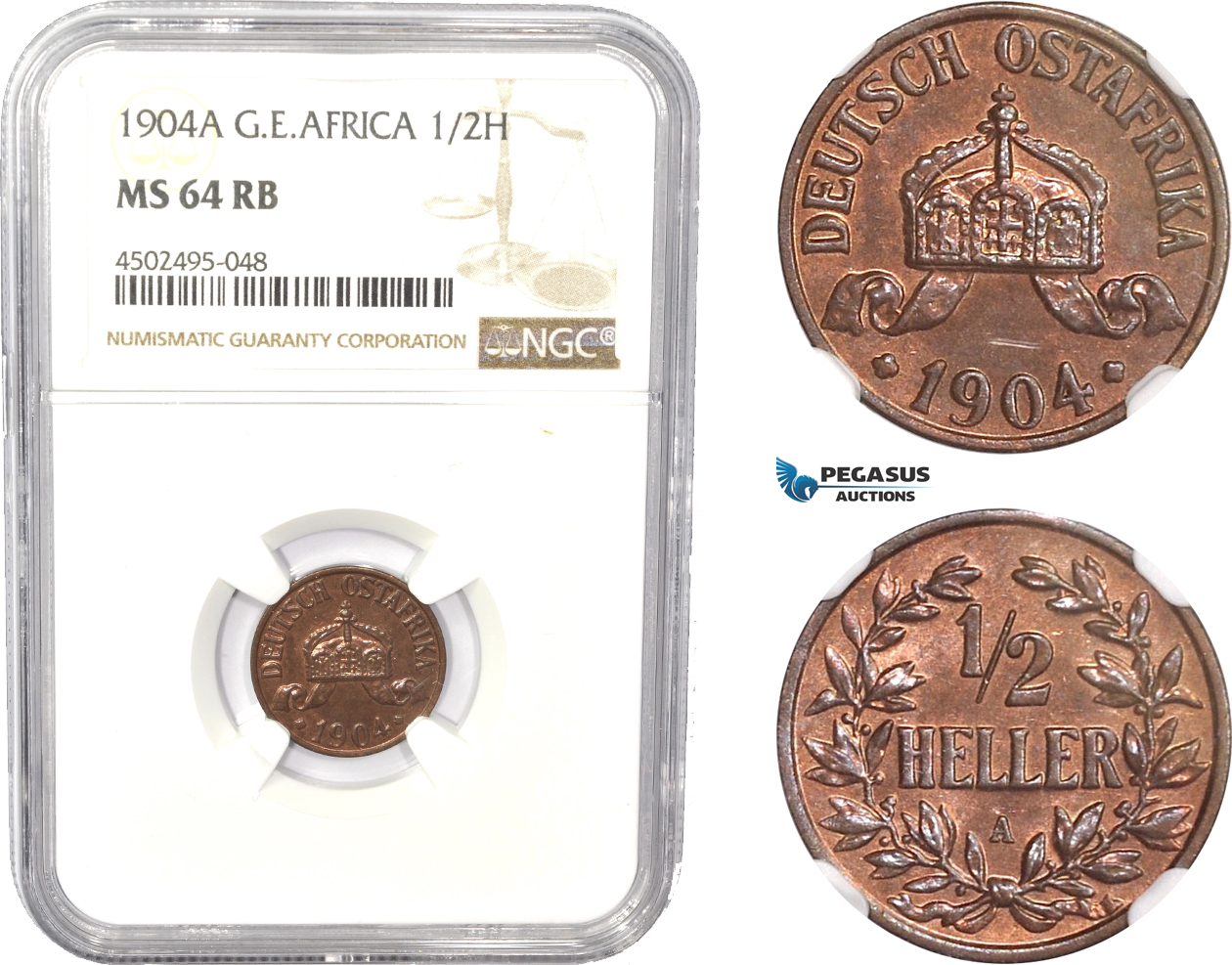 AC811, German East Africa (DOA) 1/2 Heller 1904-A, Berlin, NGC MS64RB