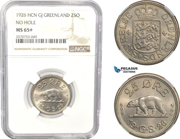 AC813, Greenland, 25 Øre 1926 "No Hole" Copenhagen, NGC MS65+