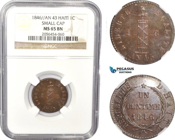 AC814, Haiti, 1 Centime An 43 / 1846, Small Cap, NGC MS65BN, Pop 1/0