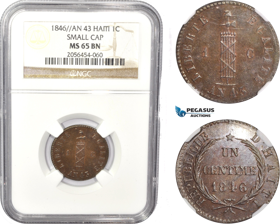 AC814, Haiti, 1 Centime An 43 / 1846, Small Cap, NGC MS65BN, Pop 1/0
