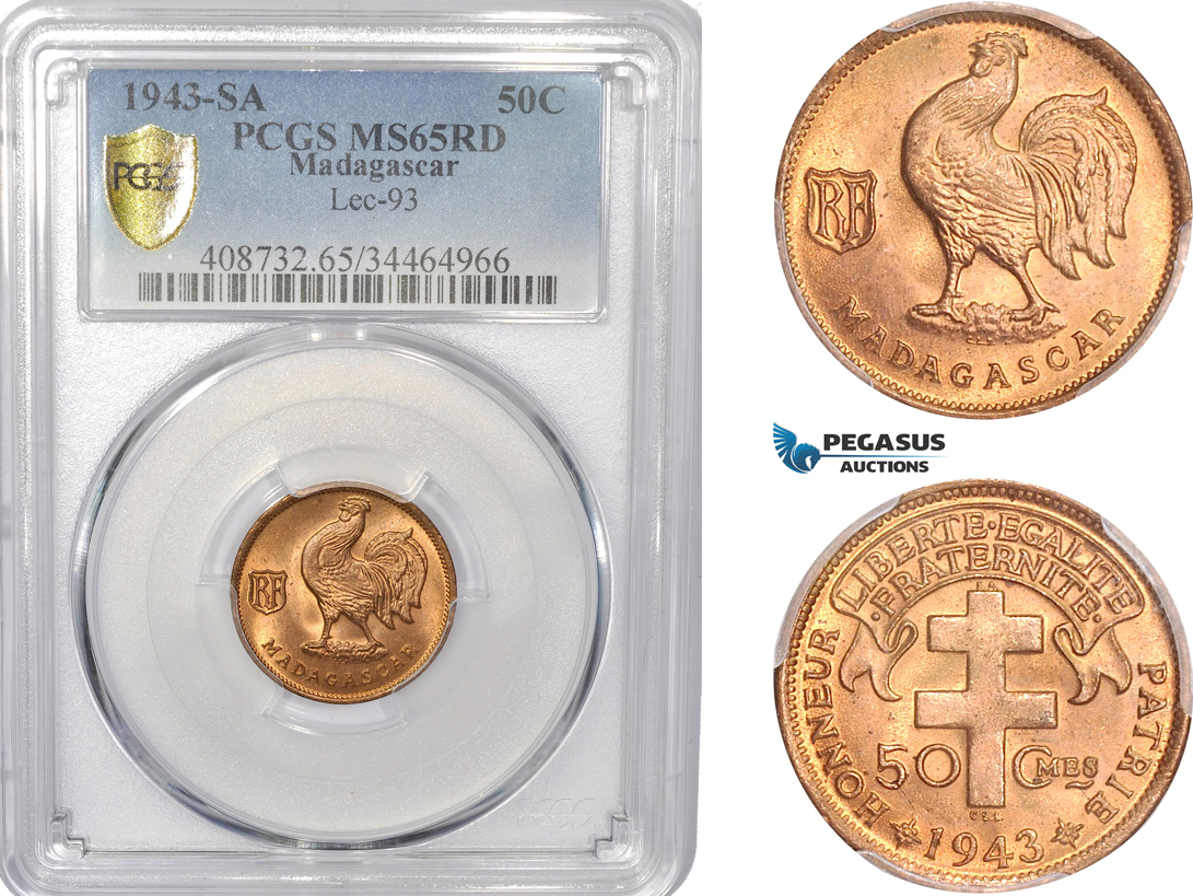 AC815, Madagascar, 50 Centimes 1943-SA, PCGS MS65RD