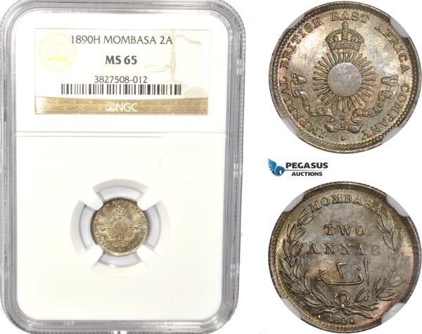 AC816, Mombasa, 2 Annas 1890-H, Heaton, Silver, NGC MS65