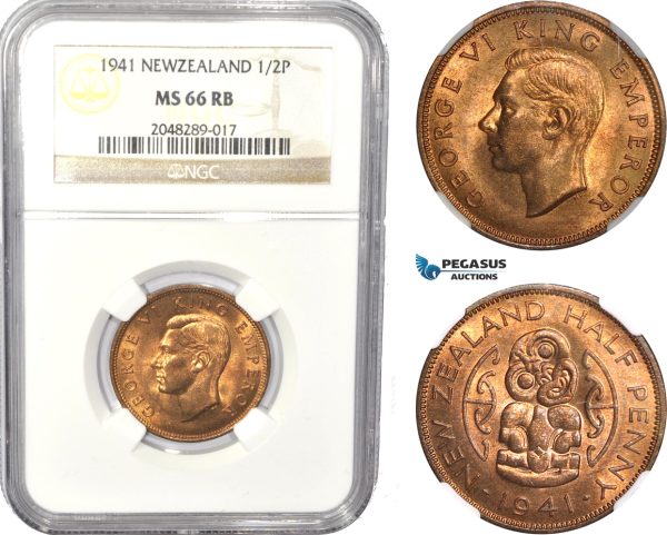 AC817, New Zealand, George V, 1/2 Penny 1941, NGC MS66RB, Pop 1/0