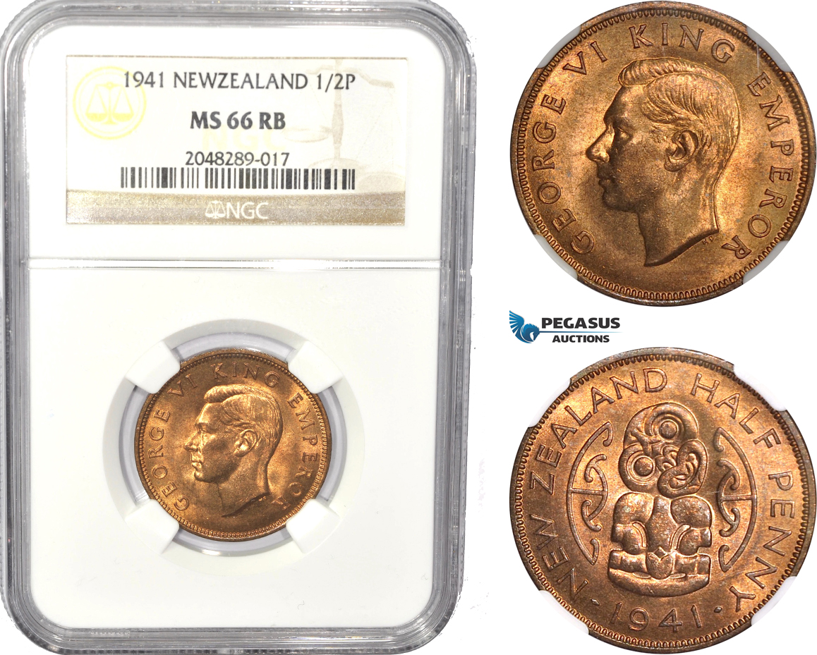 AC817, New Zealand, George V, 1/2 Penny 1941, NGC MS66RB, Pop 1/0