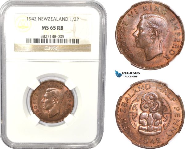AC818, New Zealand, George V, 1/2 Penny 1942, NGC MS65RB, Pop 4/0